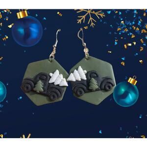 Christmas Pick-up Truck Earrings with White Tree - Polymer Clay, Handmade